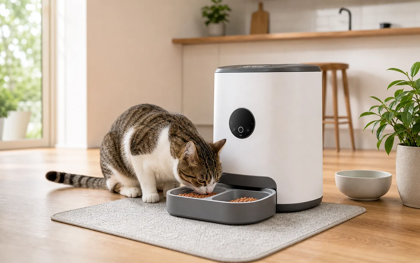 cat eating from an automatic wet food feeder in a kitchen setup
