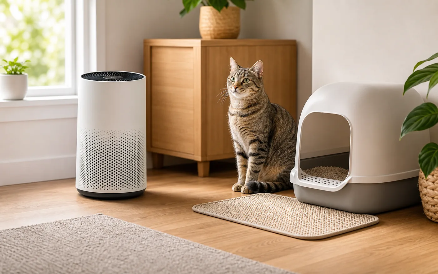 air purifier near a clean cat litter area in a small apartment