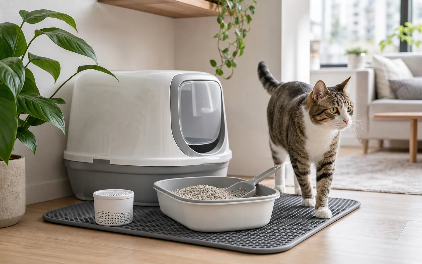 cat beside a clean litter odor control setup in a modern apartment