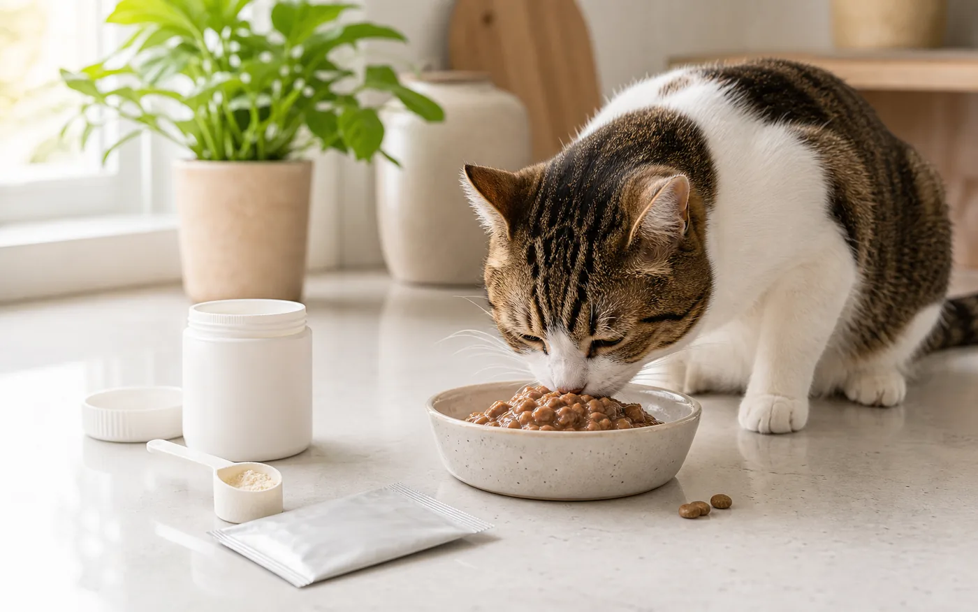 cat eating wet food beside an unbranded probiotic supplement setup