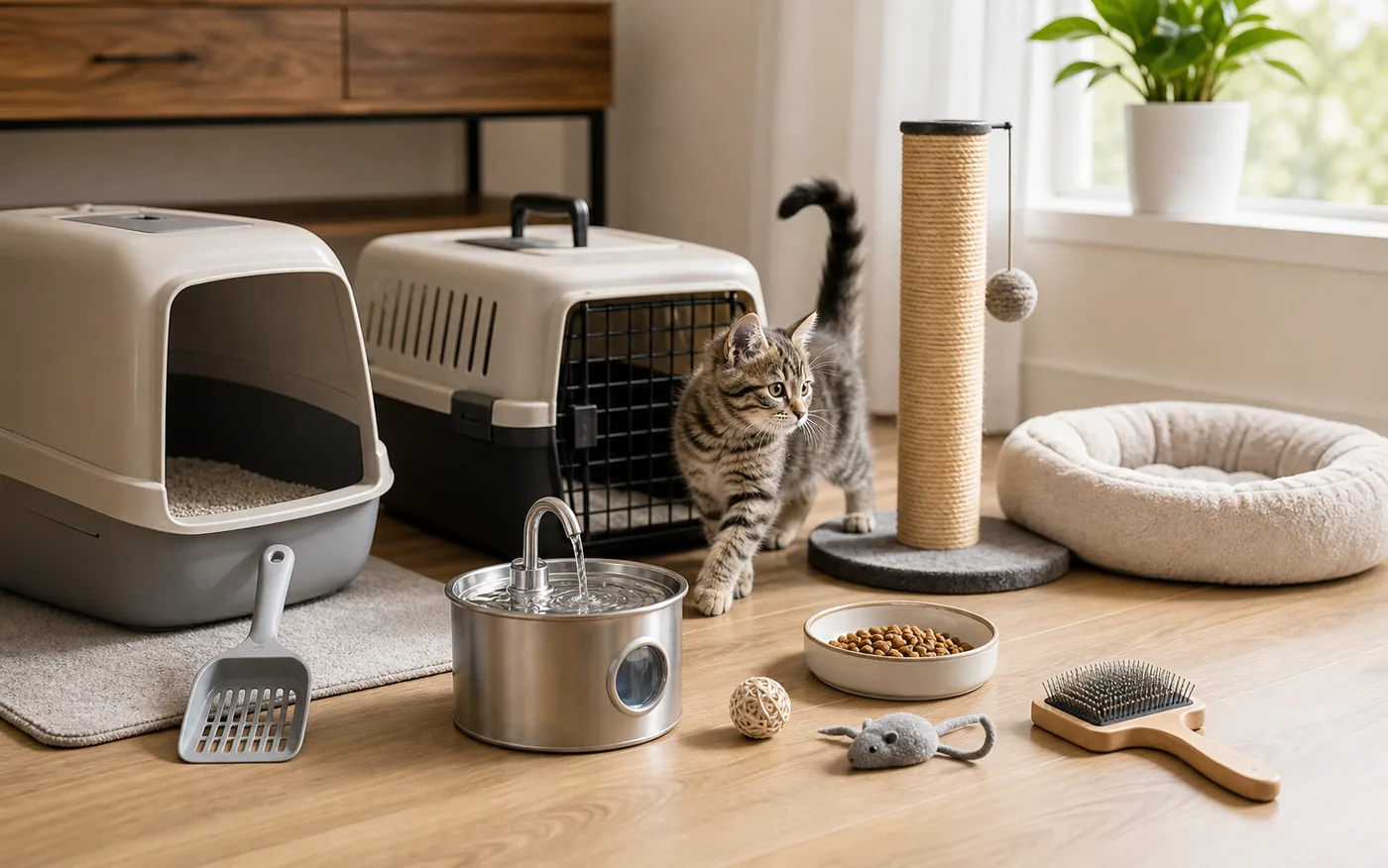 kitten exploring a complete indoor cat supplies starter setup