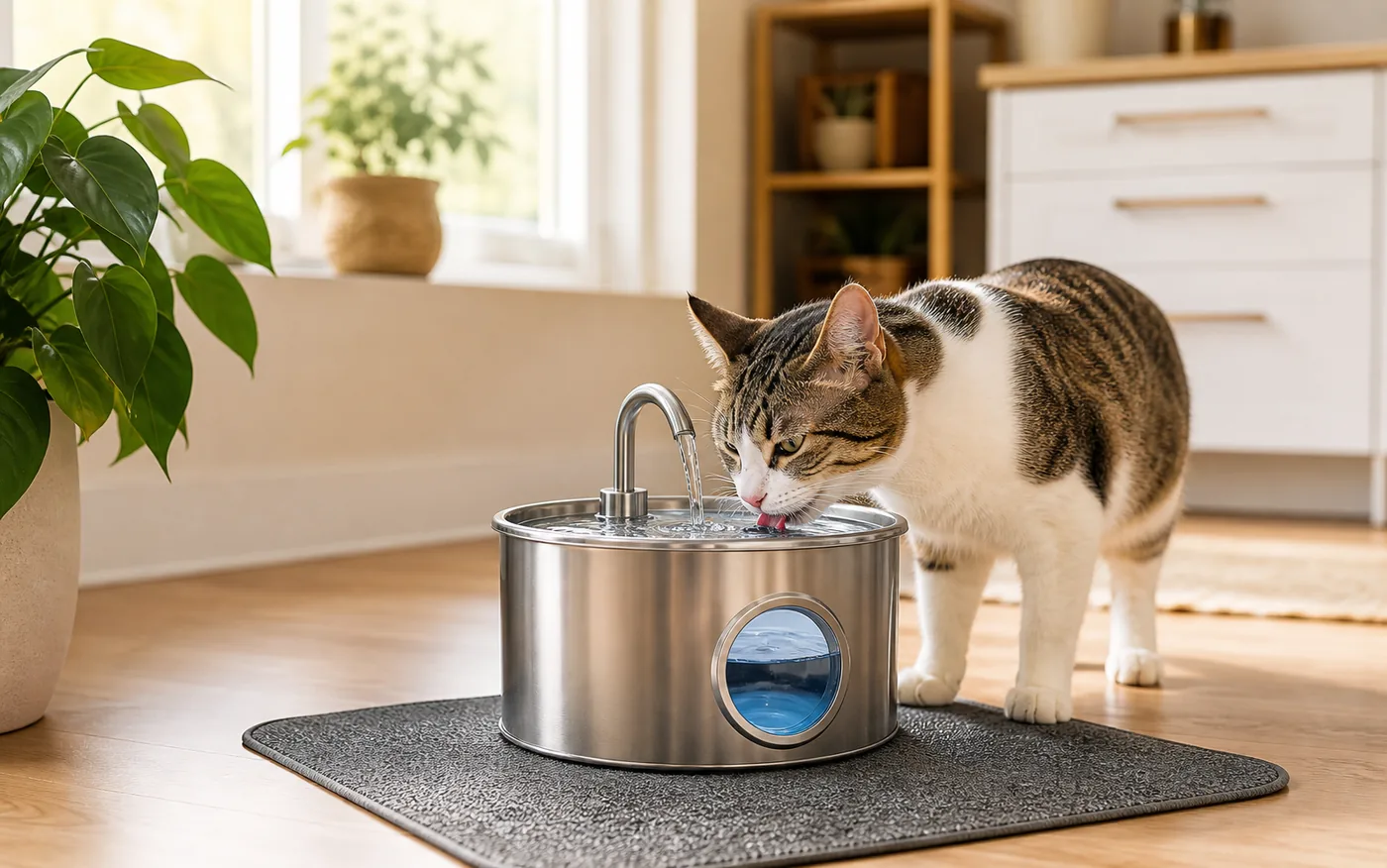 cat drinking from a stainless steel cat water fountain in a home setup