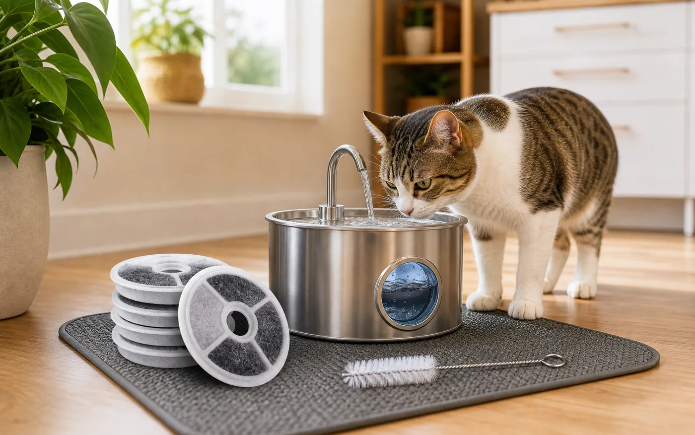 cat water fountain with replacement filters and cleaning brush in a home setup